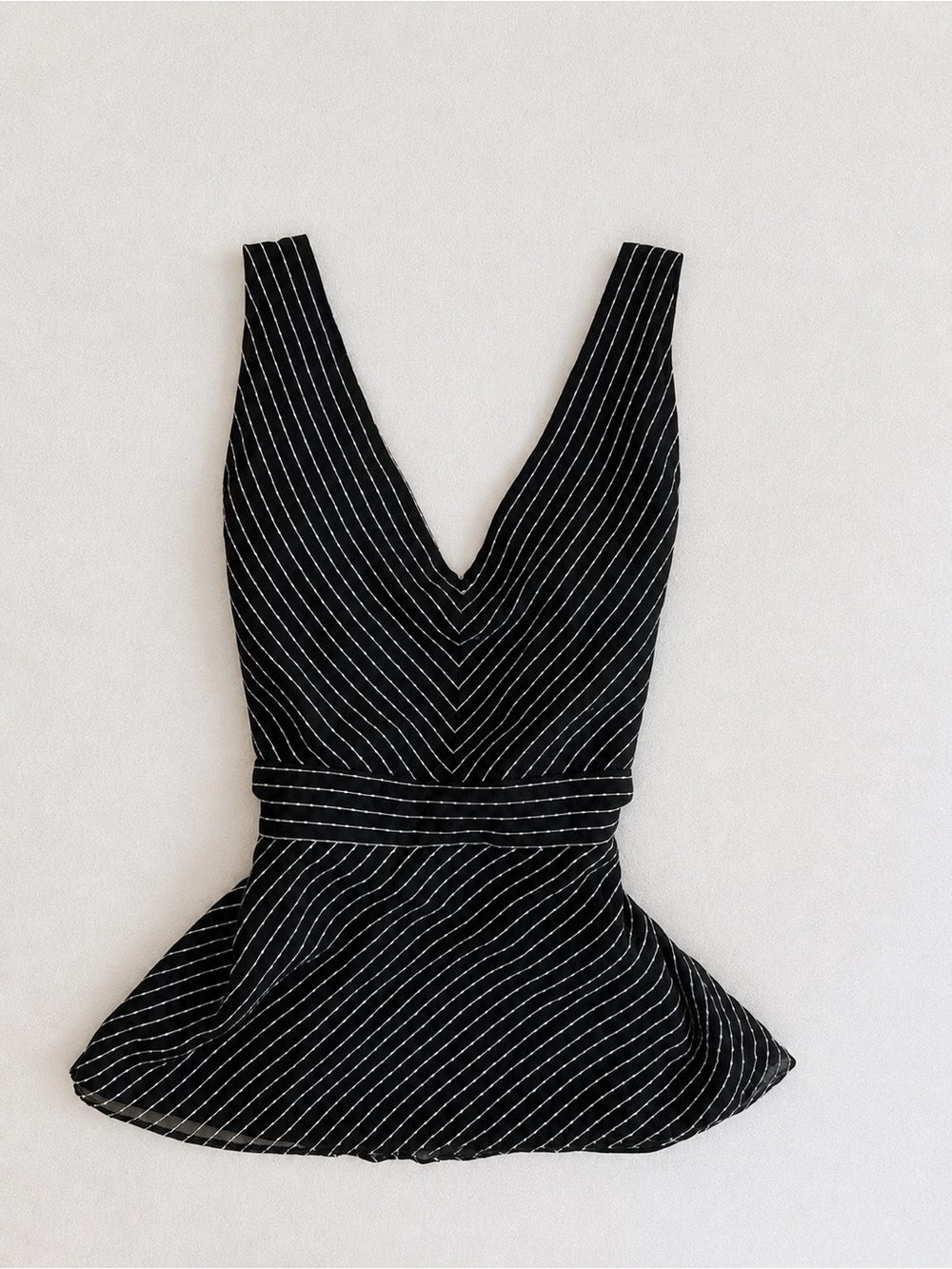 Ann Taylor Black Pinstriped V-Neck Peplum Camisole